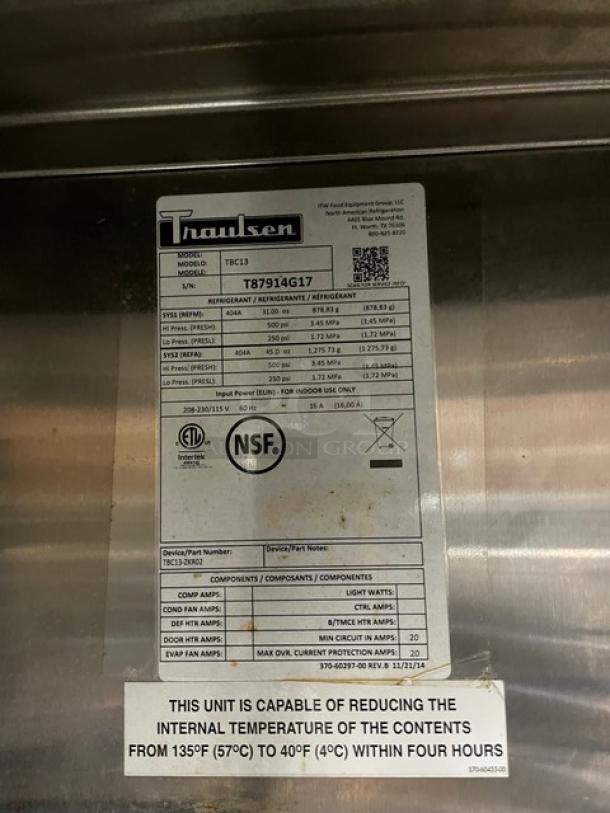 Traulsen Commercial Stainless Steel Left Hinged Self-Contained Reach In Blast Chiller! With On-Board Printer! With Built In Pan Racks! With 3 Food Probes! With Legs! 208-230/115V! Model: TBC13 SN: T87914G17! - Image 6 of 10