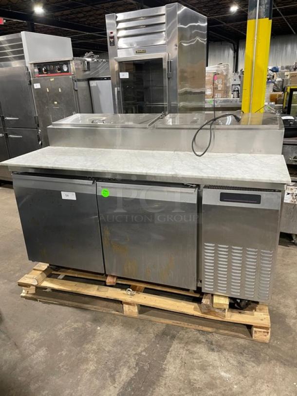 Nice! Continental Commercial Stainless Steel Refrigerated 2 Door Mega Top Pizza Prep Table! With Full Size Marble Cutting Board! With Poly Coated Wire Rack! Model: CPT67 SN: 145B2018! 115V 1 Phase! On Casters! Working When Removed! - Image 1 of 10