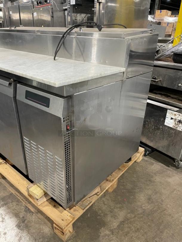 Nice! Continental Commercial Stainless Steel Refrigerated 2 Door Mega Top Pizza Prep Table! With Full Size Marble Cutting Board! With Poly Coated Wire Rack! Model: CPT67 SN: 145B2018! 115V 1 Phase! On Casters! Working When Removed! - Image 2 of 10