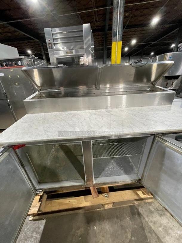 Nice! Continental Commercial Stainless Steel Refrigerated 2 Door Mega Top Pizza Prep Table! With Full Size Marble Cutting Board! With Poly Coated Wire Rack! Model: CPT67 SN: 145B2018! 115V 1 Phase! On Casters! Working When Removed! - Image 5 of 10