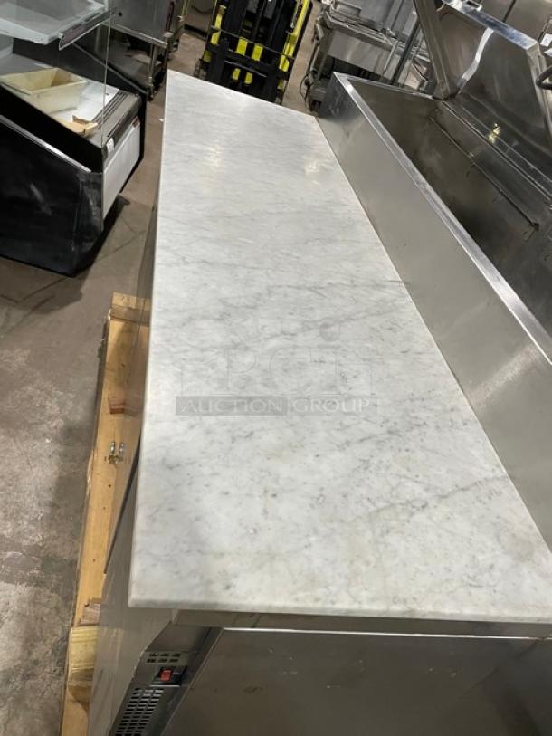 Nice! Continental Commercial Stainless Steel Refrigerated 2 Door Mega Top Pizza Prep Table! With Full Size Marble Cutting Board! With Poly Coated Wire Rack! Model: CPT67 SN: 145B2018! 115V 1 Phase! On Casters! Working When Removed! - Image 9 of 10