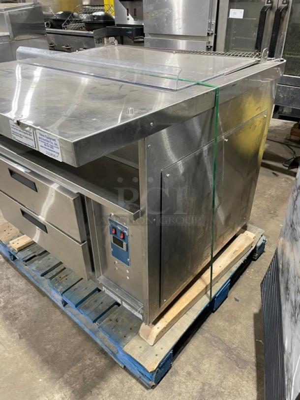 Duke Commercial Stainless Steel Modular Pizza Production Station! With Countertop Tri-Channel Cold Pan! With 2 Extendable Refrigerated Drawers! With Digital Thermostat! Model: DPC-38-120-DWR-DR-NL M! 120V 1 Phase! On Casters! Working When Removed! - Image 2 of 9