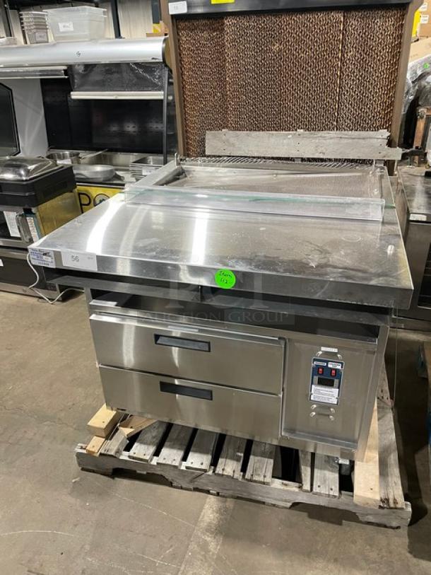 Duke Commercial Stainless Steel Modular Pizza Production Station! With Countertop Tri-Channel Cold Pan! With 2 Extendable Refrigerated Drawers! With Digital Thermostat! On Casters! 120V 1 Phase! Model: DPC-38-120-DWR-DR-NL M SN: 04196182! Working When Removed! - Image 1 of 9
