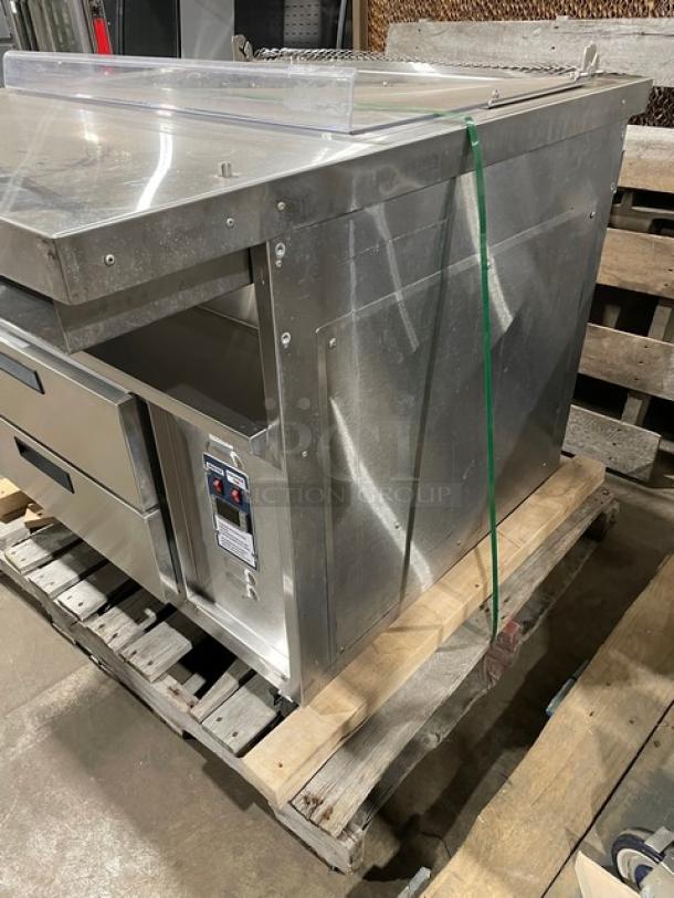 Duke Commercial Stainless Steel Modular Pizza Production Station! With Countertop Tri-Channel Cold Pan! With 2 Extendable Refrigerated Drawers! With Digital Thermostat! On Casters! 120V 1 Phase! Model: DPC-38-120-DWR-DR-NL M SN: 04196182! Working When Removed! - Image 2 of 9