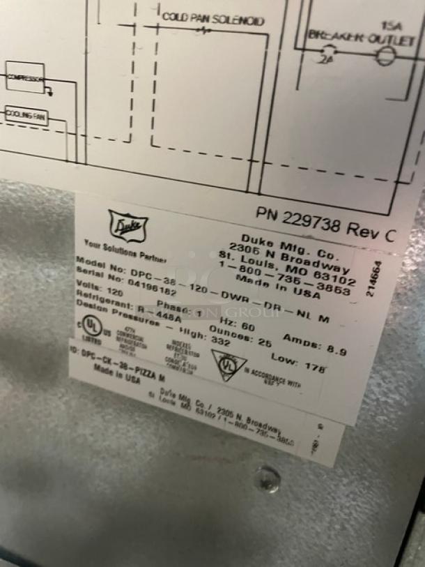 Duke Commercial Stainless Steel Modular Pizza Production Station! With Countertop Tri-Channel Cold Pan! With 2 Extendable Refrigerated Drawers! With Digital Thermostat! On Casters! 120V 1 Phase! Model: DPC-38-120-DWR-DR-NL M SN: 04196182! Working When Removed! - Image 5 of 9