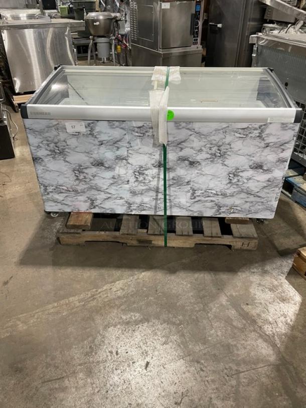 Amazing! Late Model 2020!  Liebherr Commercial Curved Sliding Glass Lid Ice Cream Merchandiser Chest Freezer! With Acrylic Organizers! Model: EFI 4453 SN: 61.218.759.5! 115-127V! On Casters! Working When Removed! - Image 1 of 9