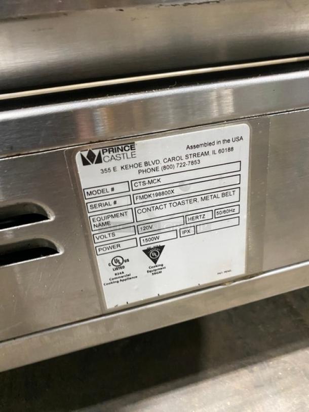 Nice! Late Model! 2019! Prince Castle Commercial Stainless Steel Electric Powered Countertop Vertical Contact Toaster! Model: CTS-MCK SN: FMDK198800X! 120V! Working When Removed! - Image 5 of 9