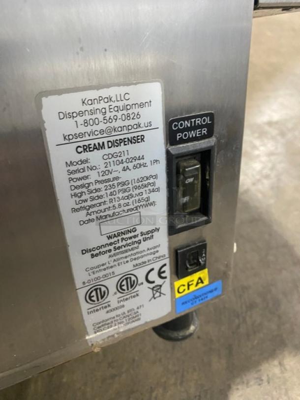 KanPak Commercial Stainless Steel Countertop Refrigerated Creamer/Bag-In-Box Liquid Dispenser! Model: CDG211 SN: 21104-02944! 120V 1 Phase! On Legs! - Image 7 of 8