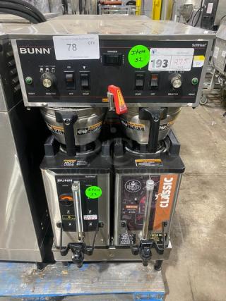 Bunn Soft Heat Series Commercial Stainless Steel Countertop Dual Coffee Brewer! With Hot Water Dispenser! With Smart SplashGard Funnels! With Soft Heat Portable Servers! Model: !DUAL SH SN: DUAL078945! 120/208V 1 Phase! On Legs! Working When Removed! - Item #1153638