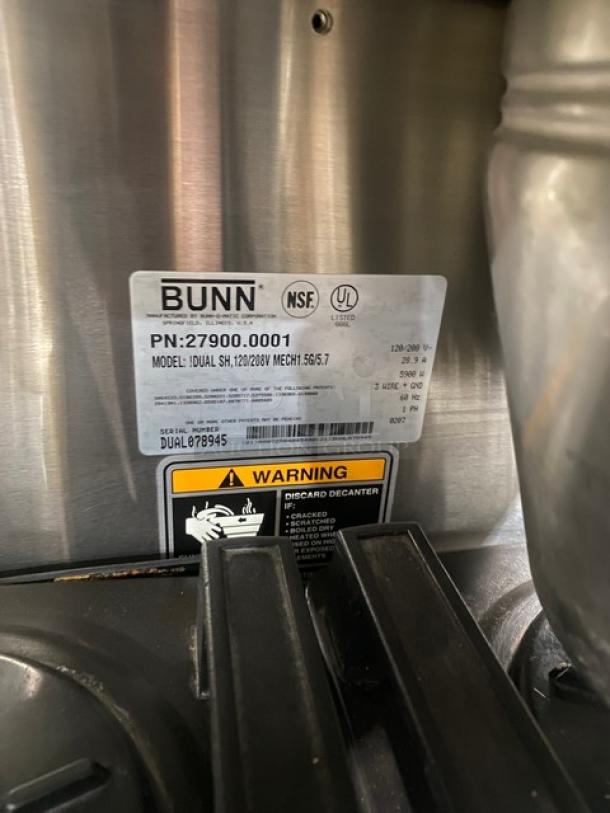Bunn Soft Heat Series Commercial Stainless Steel Countertop Dual Coffee Brewer! With Hot Water Dispenser! With Smart SplashGard Funnels! With Soft Heat Portable Servers! Model: !DUAL SH SN: DUAL078945! 120/208V 1 Phase! On Legs! Working When Removed! - Image 6 of 7