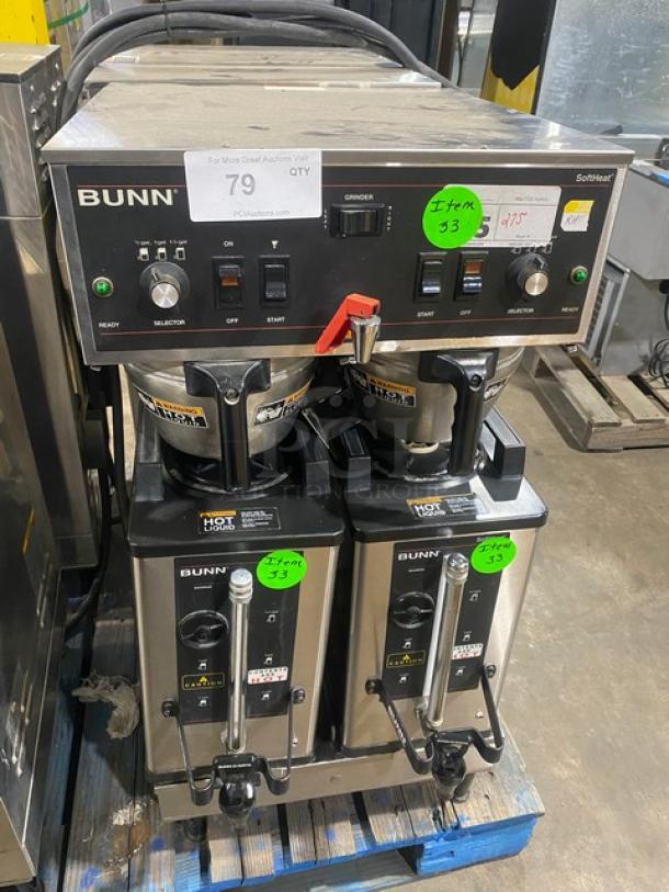 Bunn Soft Heat Series Commercial Stainless Steel Countertop Dual Coffee Brewer! With Hot Water Dispenser! With Smart SplashGard Funnels! With Soft Heat Portable Servers! Model: DUAL SH SN: DUAL065937! 120/208V 1 Phase! On Legs! Working When Removed! - Image 1 of 8