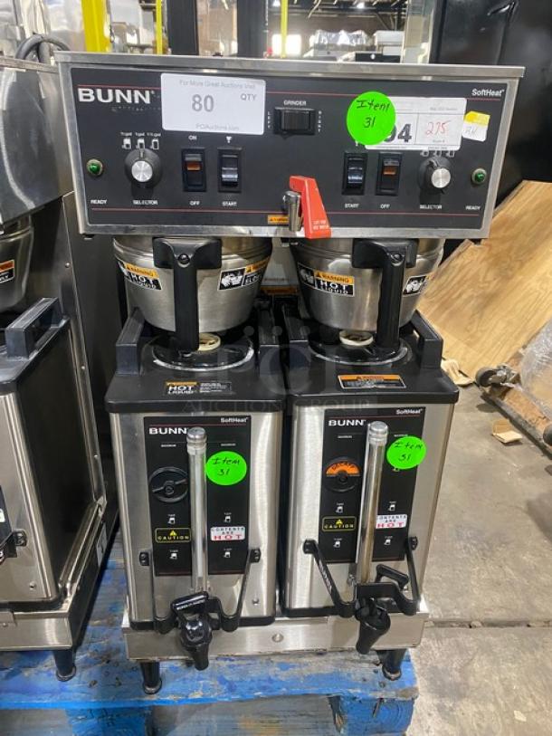 Bunn Soft Heat Series Commercial Stainless Steel Countertop Dual Coffee Brewer! With Hot Water Dispenser! With Smart SplashGard Funnels! With Soft Heat Portable Servers! Model: DUAL SH SN: DUAL05518! 120/208V 1 Phase! On Legs! Working When Removed! - Image 1 of 9