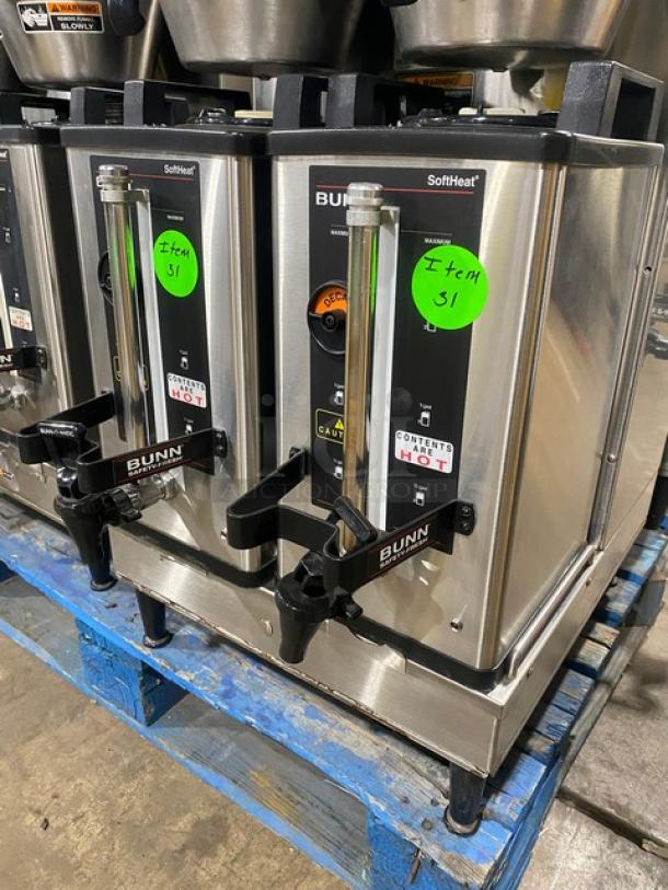 Bunn Soft Heat Series Commercial Stainless Steel Countertop Dual Coffee Brewer! With Hot Water Dispenser! With Smart SplashGard Funnels! With Soft Heat Portable Servers! Model: DUAL SH SN: DUAL05518! 120/208V 1 Phase! On Legs! Working When Removed! - Image 5 of 9