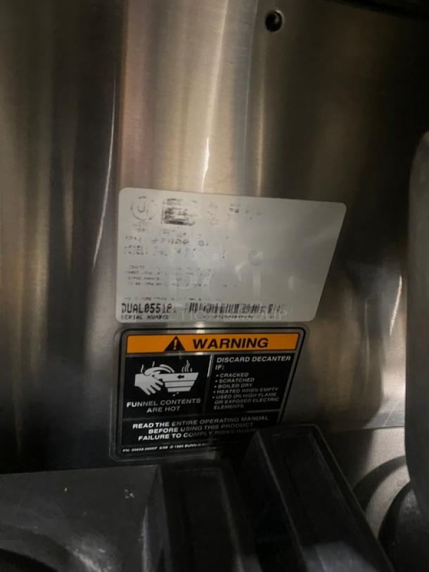 Bunn Soft Heat Series Commercial Stainless Steel Countertop Dual Coffee Brewer! With Hot Water Dispenser! With Smart SplashGard Funnels! With Soft Heat Portable Servers! Model: DUAL SH SN: DUAL05518! 120/208V 1 Phase! On Legs! Working When Removed! - Image 8 of 9