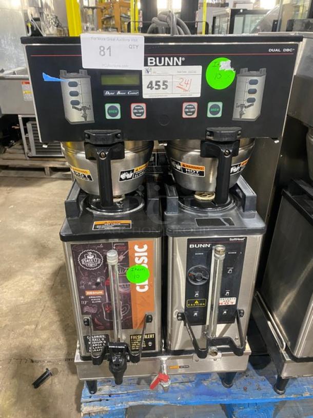 Bunn Soft Heat DBC Series Commercial Stainless Steel Countertop Dual Coffee Brewer! With Digital Brewer Controls! With Hot Water Dispenser! With Smart SplashGard Funnels! With Soft Heat Portable Servers! Model: DUAL SH DBC SN: DUAL134718! 120/208-240V 1 Phase! On Legs! Working When Removed! - Image 1 of 9