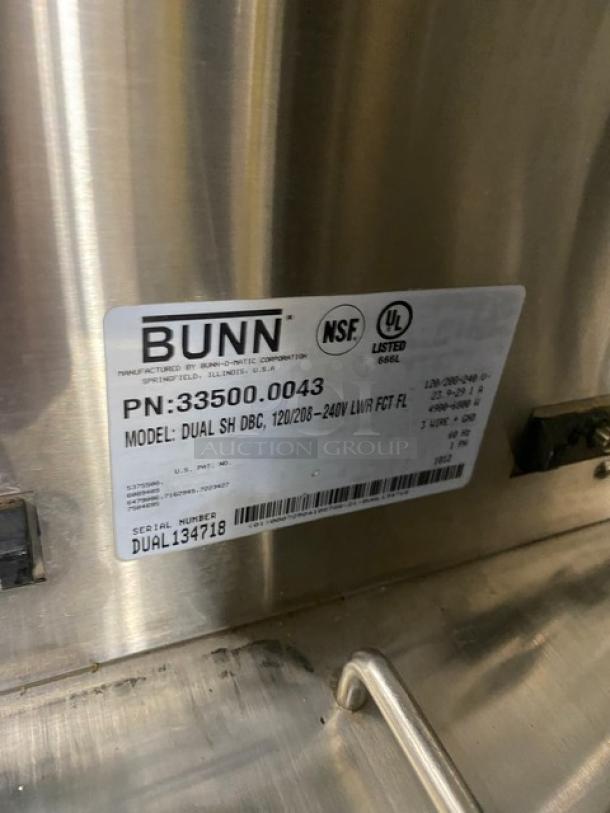 Bunn Soft Heat DBC Series Commercial Stainless Steel Countertop Dual Coffee Brewer! With Digital Brewer Controls! With Hot Water Dispenser! With Smart SplashGard Funnels! With Soft Heat Portable Servers! Model: DUAL SH DBC SN: DUAL134718! 120/208-240V 1 Phase! On Legs! Working When Removed! - Image 8 of 9