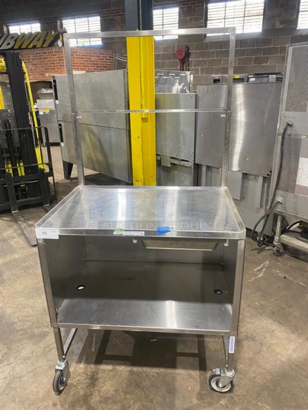 National Cart Commercial Stainless Steel Customized Worktop Cart! With Enclosed Storage Base! With Single Pull-Out Drawer! With 2 Front Drop-Down Folding Shelves! With Overhead Bracket! On Casters! - Image 1 of 8