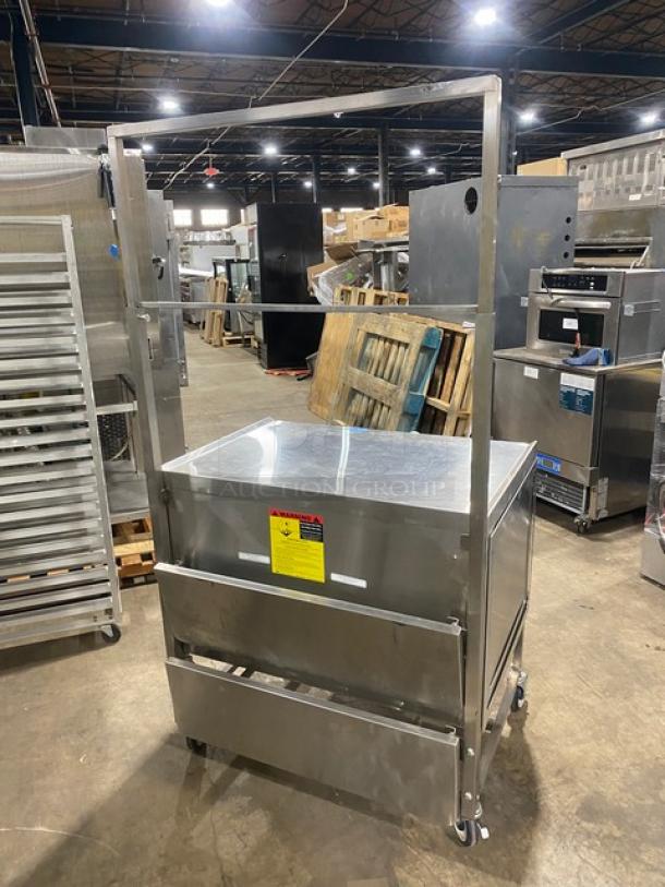 National Cart Commercial Stainless Steel Customized Worktop Cart! With Enclosed Storage Base! With Single Pull-Out Drawer! With 2 Front Drop-Down Folding Shelves! With Overhead Bracket! On Casters! - Image 3 of 8