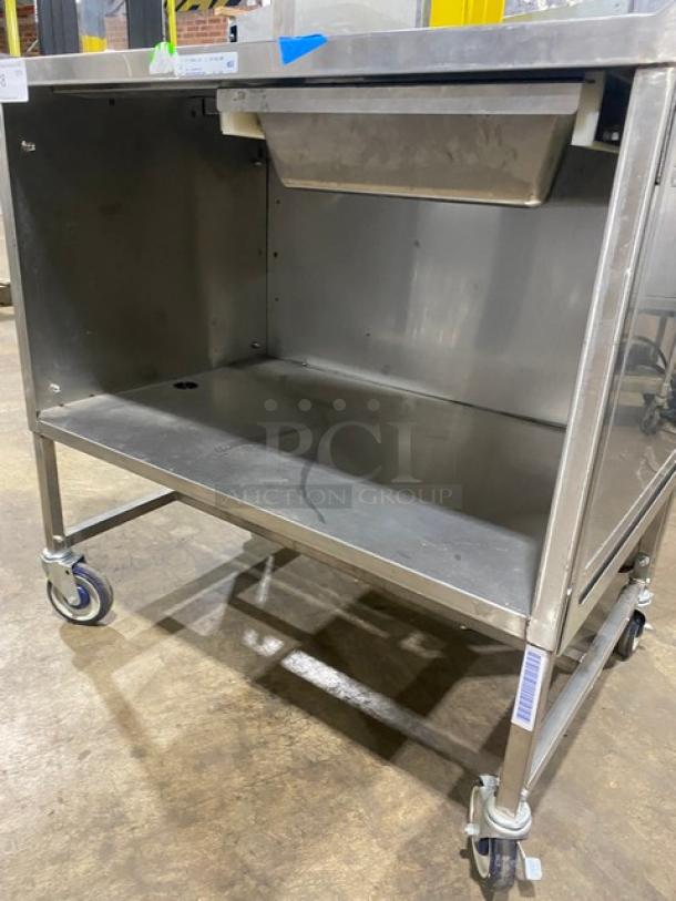 National Cart Commercial Stainless Steel Customized Worktop Cart! With Enclosed Storage Base! With Single Pull-Out Drawer! With 2 Front Drop-Down Folding Shelves! With Overhead Bracket! On Casters! - Image 5 of 8