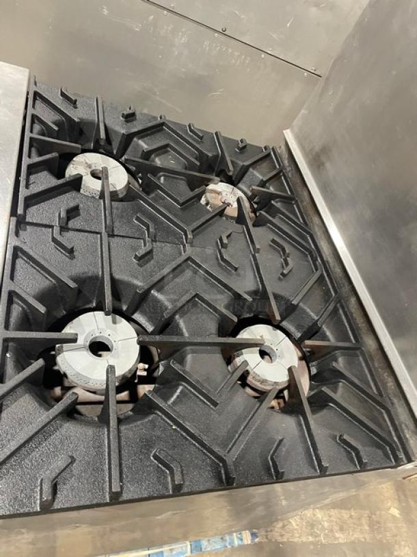Great! Wolf Commercial Stainless Steel Natural Gas Powered Wide Body 4 Burner Range! With Full Size Oven Underneath! With Back Splash! With Wire Oven Racks! On Casters! Working When Removed! - Image 5 of 9