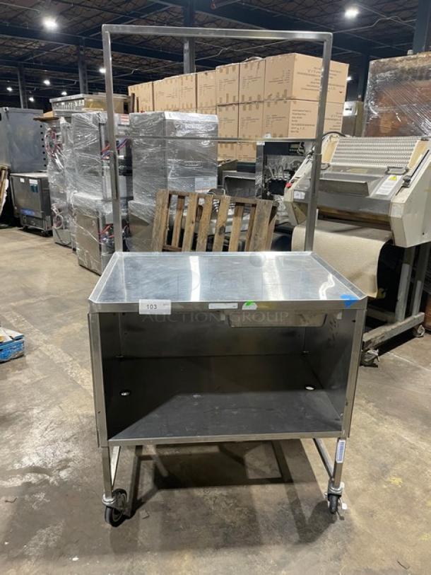 National Cart Commercial Stainless Steel Customized Worktop Cart! With Enclosed Storage Base! With Single Pull-Out Drawer! With 2 Front Drop-Down Folding Shelves! With Overhead Bracket! On Casters! - Image 1 of 8