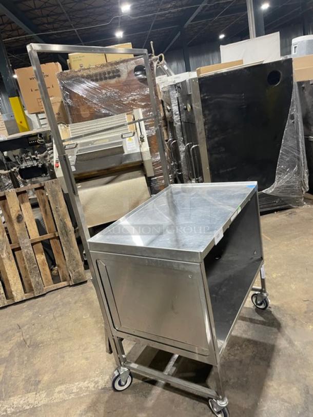 National Cart Commercial Stainless Steel Customized Worktop Cart! With Enclosed Storage Base! With Single Pull-Out Drawer! With 2 Front Drop-Down Folding Shelves! With Overhead Bracket! On Casters! - Image 2 of 8
