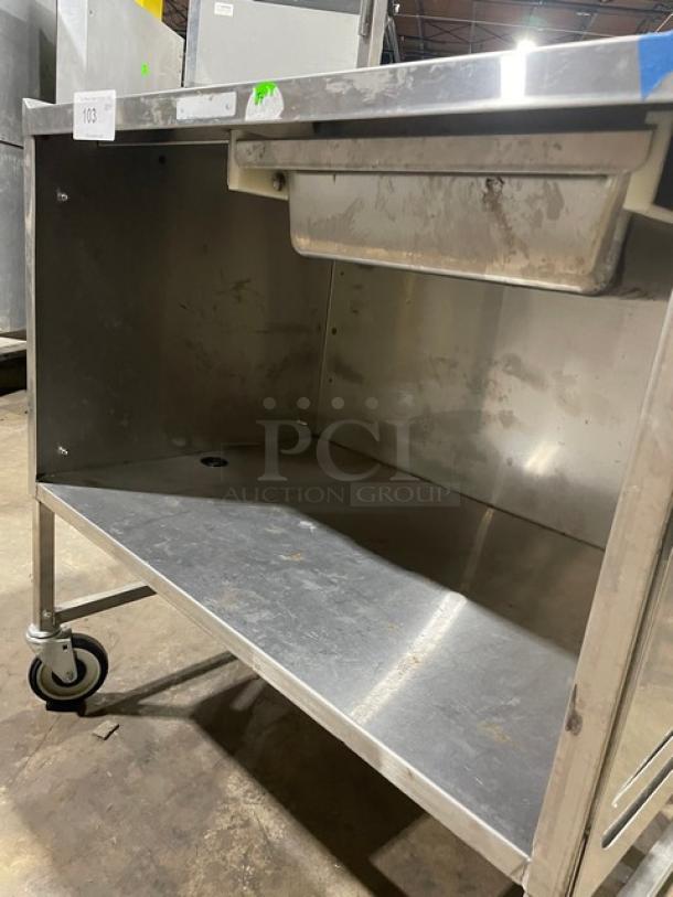 National Cart Commercial Stainless Steel Customized Worktop Cart! With Enclosed Storage Base! With Single Pull-Out Drawer! With 2 Front Drop-Down Folding Shelves! With Overhead Bracket! On Casters! - Image 5 of 8