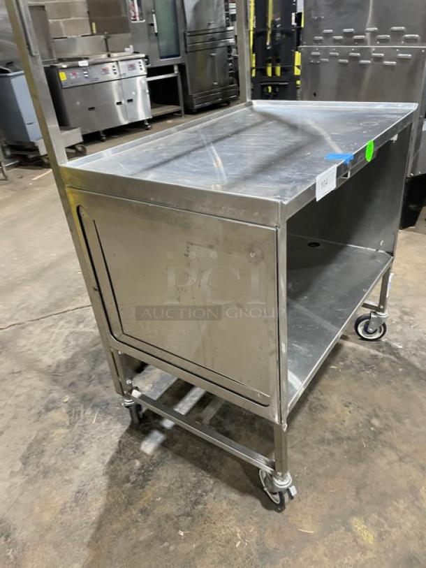 National Cart Commercial Stainless Steel Customized Worktop Cart! With Enclosed Storage Base! With Single Pull-Out Drawer! With 2 Front Drop-Down Folding Shelves! With Overhead Bracket! On Casters! - Image 2 of 9