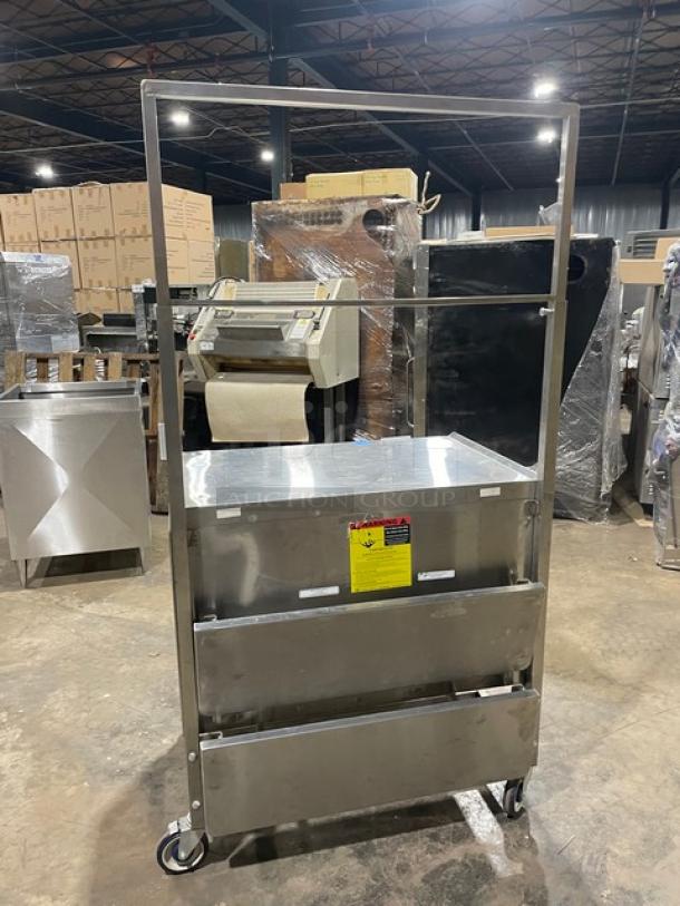 National Cart Commercial Stainless Steel Customized Worktop Cart! With Enclosed Storage Base! With Single Pull-Out Drawer! With 2 Front Drop-Down Folding Shelves! With Overhead Bracket! On Casters! - Image 3 of 9
