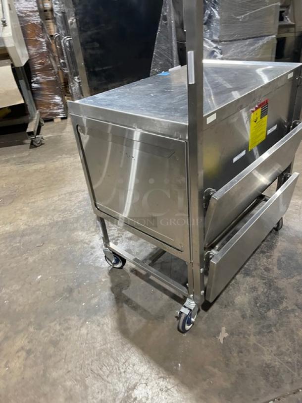 National Cart Commercial Stainless Steel Customized Worktop Cart! With Enclosed Storage Base! With Single Pull-Out Drawer! With 2 Front Drop-Down Folding Shelves! With Overhead Bracket! On Casters! - Image 4 of 9