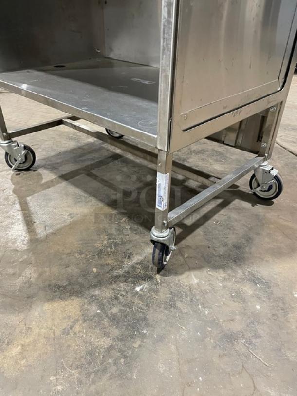 National Cart Commercial Stainless Steel Customized Worktop Cart! With Enclosed Storage Base! With Single Pull-Out Drawer! With 2 Front Drop-Down Folding Shelves! With Overhead Bracket! On Casters! - Image 6 of 9