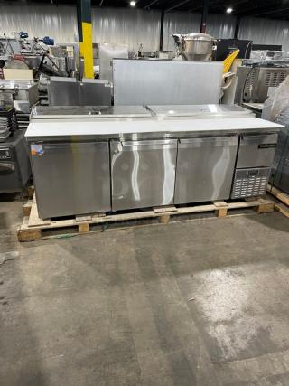 Continental Commercial Stainless Steel 4 Door Refrigerated Mega Top Pizza Prep Table! With Poly Coated Wire Racks! With Removable Cutting Boards! Model: CPA93 SN: 15935824! 115V 1 Phase! Working When Removed!