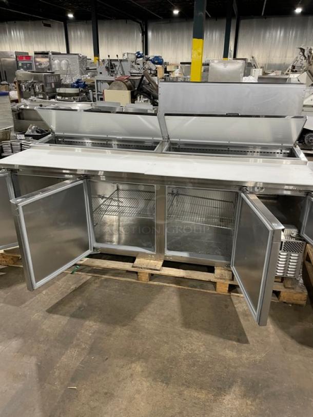 Continental Commercial Stainless Steel 4 Door Refrigerated Mega Top Pizza Prep Table! With Poly Coated Wire Racks! With Removable Cutting Boards! Model: CPA93 SN: 15935824! 115V 1 Phase! Working When Removed! - Image 5 of 10
