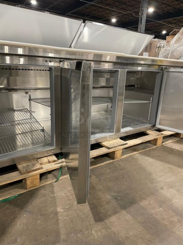 Continental Commercial Stainless Steel 4 Door Refrigerated Mega Top Pizza Prep Table! With Poly Coated Wire Racks! With Removable Cutting Boards! Model: CPA93 SN: 15935824! 115V 1 Phase! Working When Removed! - Image 6 of 10
