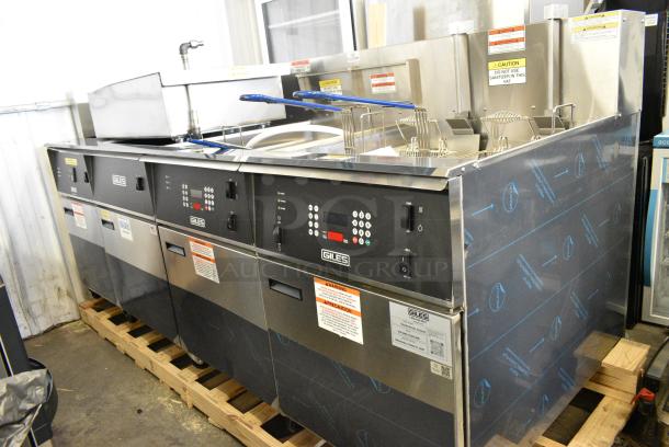BRAND NEW SCRATCH AND DENT!  Giles EOF-24 WIFI Stainless Steel Commercial Electric Powered 3 Bay Deep Fat Fryer w/ Dumping Station on Commercial Casters. 480 Volts, 3 Phase. - Image 1 of 21
