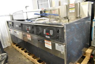 BRAND NEW SCRATCH AND DENT!  Giles EOF-24 WIFI Stainless Steel Commercial Electric Powered 3 Bay Deep Fat Fryer w/ Dumping Station on Commercial Casters. 480 Volts, 3 Phase.