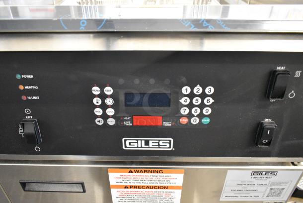 BRAND NEW SCRATCH AND DENT!  Giles EOF-24 WIFI Stainless Steel Commercial Electric Powered 3 Bay Deep Fat Fryer w/ Dumping Station on Commercial Casters. 480 Volts, 3 Phase. - Image 4 of 21