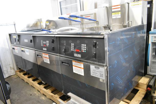 BRAND NEW SCRATCH AND DENT!  Giles EOF-24 WIFI Stainless Steel Commercial Electric Powered 3 Bay Deep Fat Fryer w/ Dumping Station on Commercial Casters. 480 Volts, 3 Phase. - Image 5 of 21
