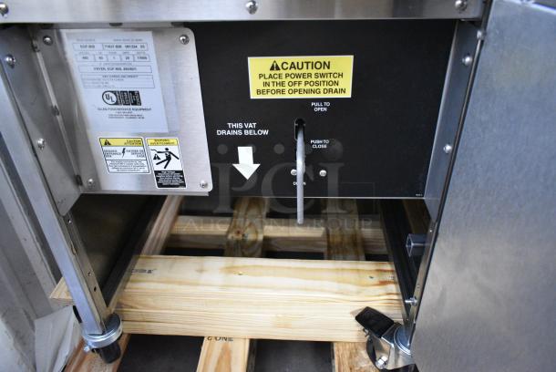 BRAND NEW SCRATCH AND DENT!  Giles EOF-24 WIFI Stainless Steel Commercial Electric Powered 3 Bay Deep Fat Fryer w/ Dumping Station on Commercial Casters. 480 Volts, 3 Phase. - Image 12 of 21