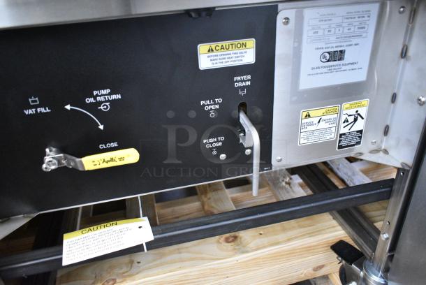 BRAND NEW SCRATCH AND DENT!  Giles EOF-24 WIFI Stainless Steel Commercial Electric Powered 3 Bay Deep Fat Fryer w/ Dumping Station on Commercial Casters. 480 Volts, 3 Phase. - Image 14 of 21