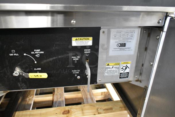 BRAND NEW SCRATCH AND DENT!  Giles EOF-24 WIFI Stainless Steel Commercial Electric Powered 3 Bay Deep Fat Fryer w/ Dumping Station on Commercial Casters. 480 Volts, 3 Phase. - Image 15 of 21