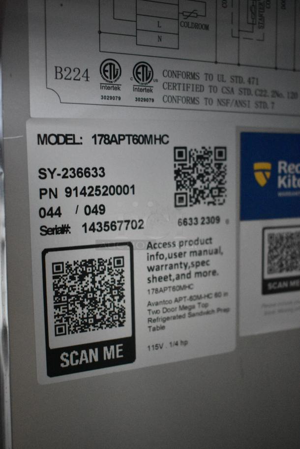 BRAND NEW SCRATCH AND DENT!  2023 Avantco 178APT60MHC Stainless Steel Commercial Sandwich Salad Prep Table Bain Marie Mega Top on Commercial Casters. 115 Volts, 1 Phase. Tested and Working! - Image 8 of 8