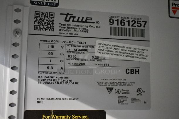 2017 True GDM-72-HC Metal Commercial 3 Door Reach In Cooler Merchandiser w/ Poly Coated Racks. 115 Volts, 1 Phase. Tested and Working! - Image 6 of 6