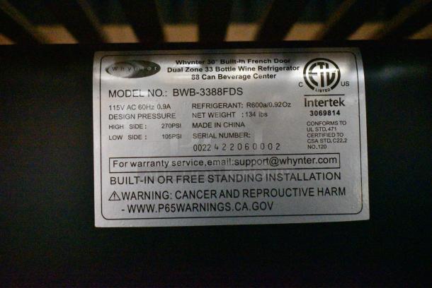 BRAND NEW SCRATCH AND DENT! Whynter BWB-3388FDS 30″ Built-in French Door 33 Bottle Wine Refrigerator, 24" Wide Dual Zone. 115 Volts, 1 Phase. Tested and Working! - Image 7 of 7