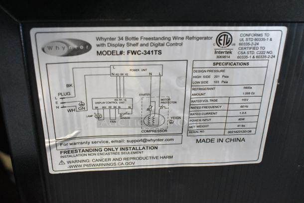 BRAND NEW SCRATCH AND DENT! Whynter FWC-341TS 34 Bottle Freestanding Stainless Steel Wine Refrigerator with Display Shelf and Digital Control. 115 Volts, 1 Phase. Tested and Working! - Image 5 of 5