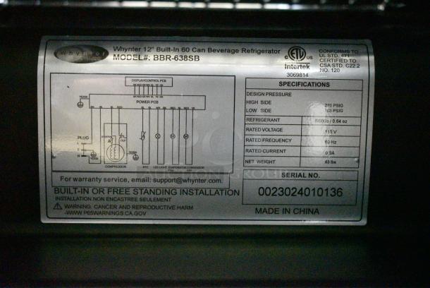 BRAND NEW SCRATCH AND DENT! Whynter BBR-638SB Built-in Under Counter 12 inch Beverage Refrigerator and Cooler, Fridge with Glass Door, 2.0 Cubic Feet, Stainless, 75 Capacity. 115 Volts, 1 Phase. Tested and Working! - Image 5 of 5