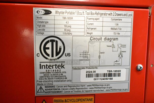 BRAND NEW SCRATCH AND DENT! Whynter TBR-185SR Portable 1.8 cu.ft. Tool Box Refrigerator with 2 Drawers and Lock. 115 Volts, 1 Phase. Tested and Working! - Image 6 of 6