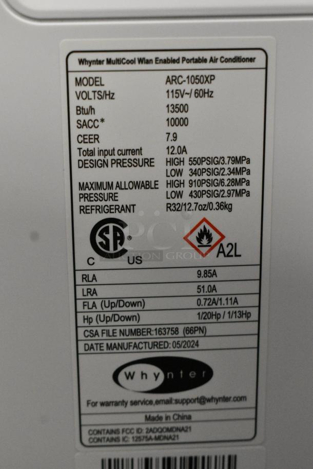 BRAND NEW SCRATCH AND DENT! Whynter ARC-1050XP 10,000 BTU Portable Air Conditioner Cools 500 sq. ft. with Dehumidifier, Remote, and White. 115 Volts, 1 Phase. Tested and Working! - Image 7 of 7