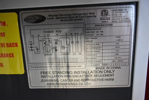 BRAND NEW SCRATCH AND DENT! Whynter BR-091WS 90-Can Beverage Refrigerator With Lock. 115 Volts, 1 Phase. Tested and Working! - Image 5 of 5