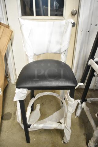 12 BRAND NEW SCRATCH AND DENT! Black Metal Ladder Back Chairs Including 164BMTLADFR Bar Height Chairs. Missing Some Cushions. 12 Times Your Bid!